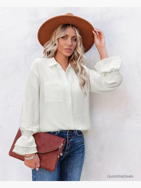 Oversized Button Down Shirt with Smocked Cuffs and Pocket - Picture 6 of 6